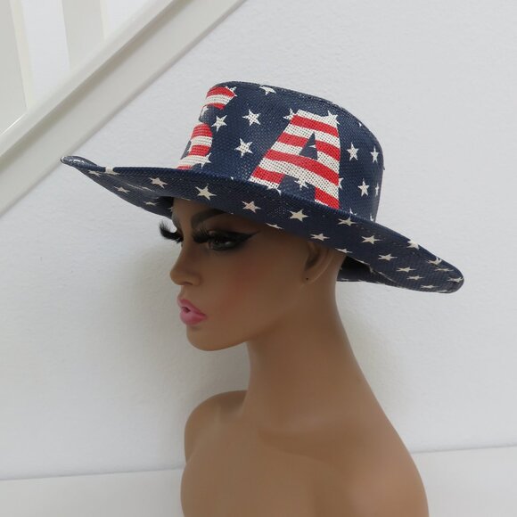 American Flag USA Cowboy Hat Red White Blue Straw Unisex Cowboy Western - Picture 3 of 8